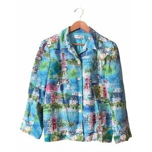 Coldwater Creek Blazer Eiffel Tower Button Down Linen Blend Blue Sz 8